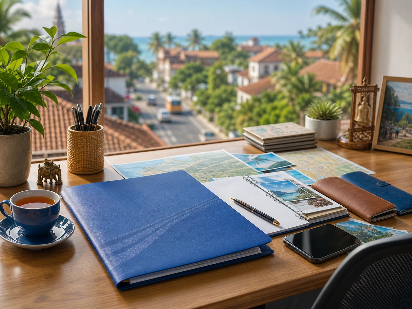 Sankar Travels planning desk with travel folder, phone, map, and Sri Lankan town view
